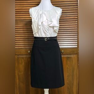 BCBGMaxazria Black/Cream Ruffle Top Belted Dress Size 6